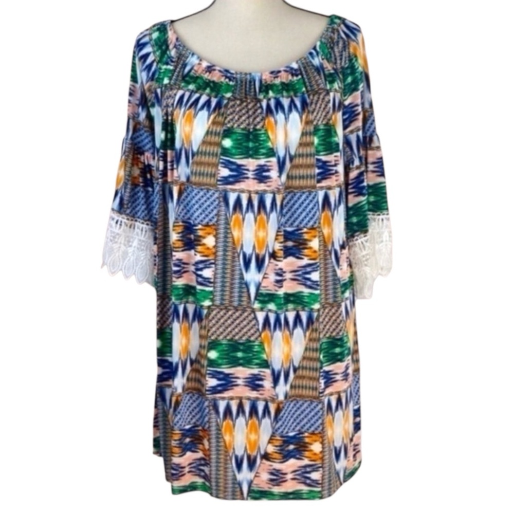 West Loop Abstract Print Lightweight Boatneck Tunic Top Dress 3/4 Sleeve XL‎